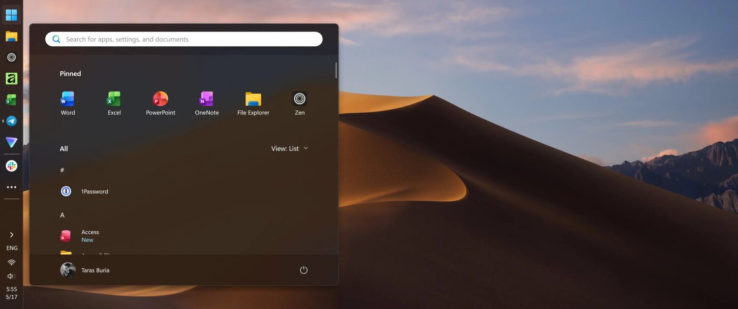 Op het bureaublad van een computer staat het Startmenu open, met vastgemaakte apps zoals Word, Excel, OneNote, File Explorer, Zen en een achtergrondafbeelding van zandduinen onder een halfbewolkte hemel.