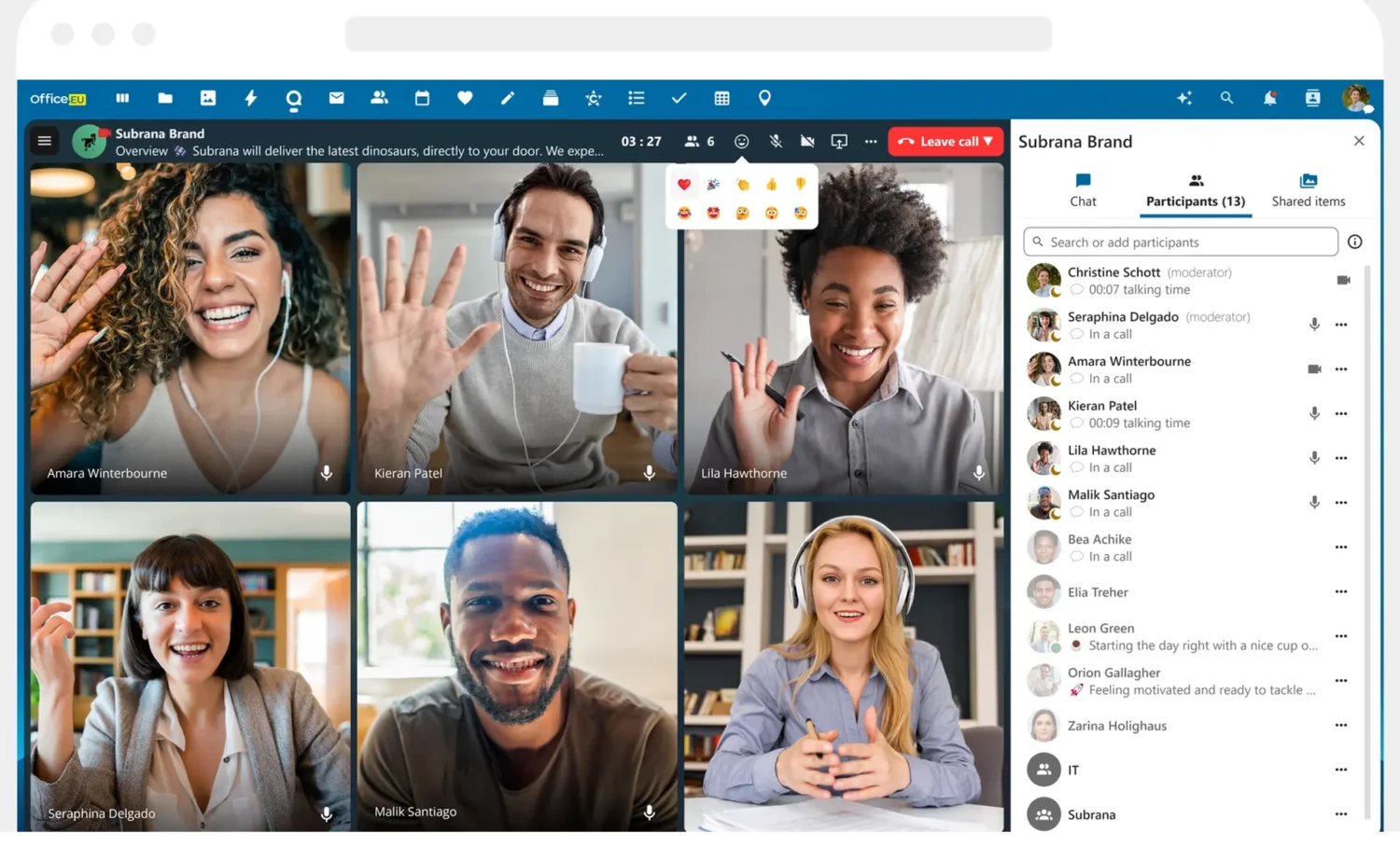 Screenshot van een video-conferentiegesprek op Office.eu met zes mensen die glimlachen en zwaaien, chatberichten en de deelnemerslijst zichtbaar aan de rechterkant van het scherm.