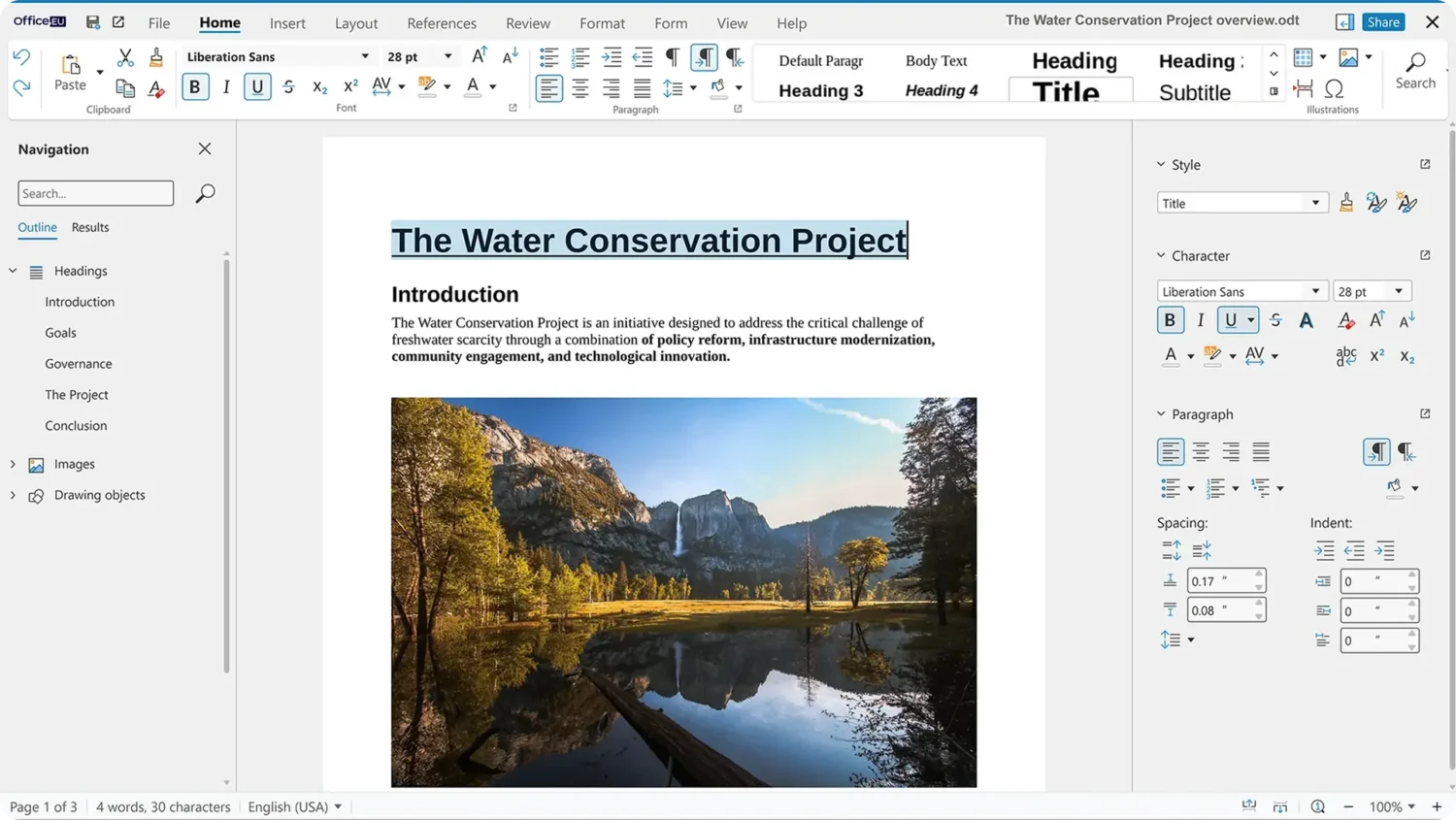 Een computerscherm toont een Word-document op Office.eu met de titel "The Water Conservation Project," met een inleiding en een landschapsfoto van een meer omringd door bomen en bergen.