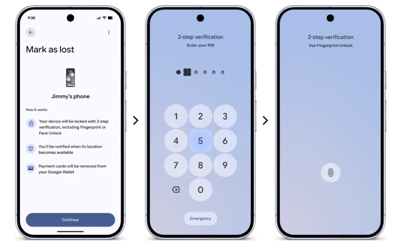 Op drie smartphoneschermen wordt getoond hoe je een telefoon als verloren meldt, een pincode instelt en het ontgrendelen met vingerafdruk inschakelt voor tweestapsverificatie.