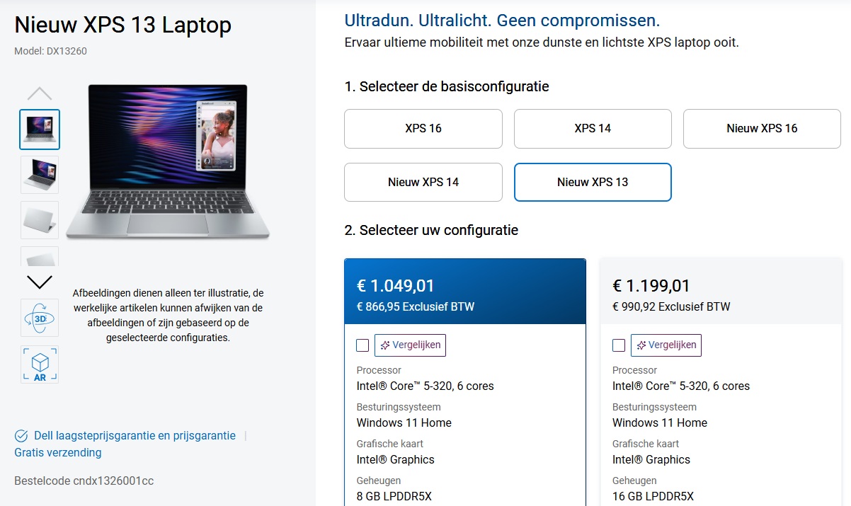 Screenshot van een Nederlandse productpagina voor de Dell XPS 13-laptop, met configuratieopties, specificaties en prijzen voor twee modellen.