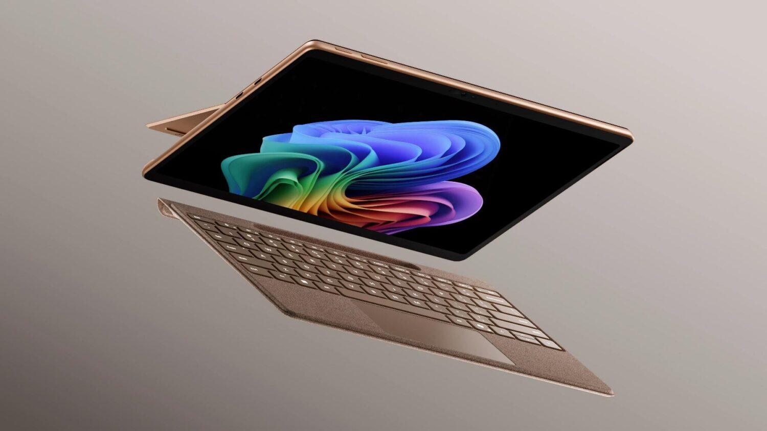 Een 2-in-1-laptop met een afneembaar toetsenbord wordt zwevend getoond, met op het tabletgedeelte een kleurrijk, abstract scherm.