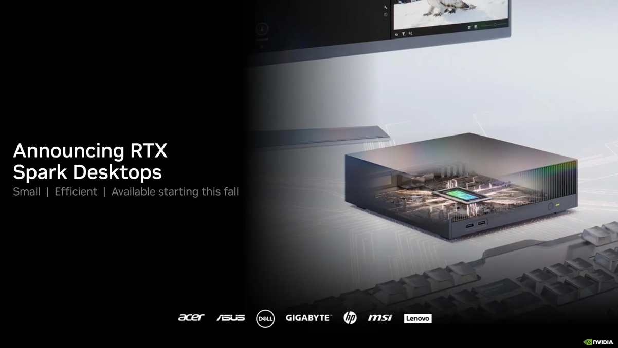 Een promotionele afbeelding voor Nvidia RTX Spark Desktops, waarop een compacte desktop te zien is met zichtbare interne componenten. Tekst benadrukt klein formaat, efficiëntie en beschikbaarheid in de herfst, met daaronder verschillende merklogo's.