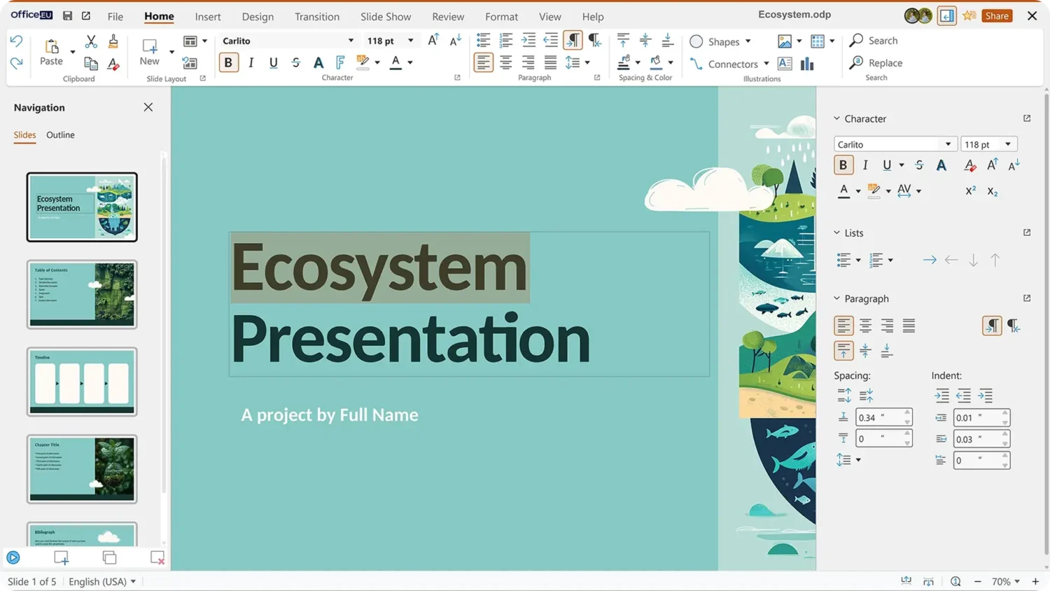 Een PowerPoint-dia met de titel „Ecosystem Presentation”, met aan de rechterkant geïllustreerde natuurtaferelen en een blauwe achtergrond; links is het navigatiepaneel zichtbaar, weergegeven binnen Office.eu.