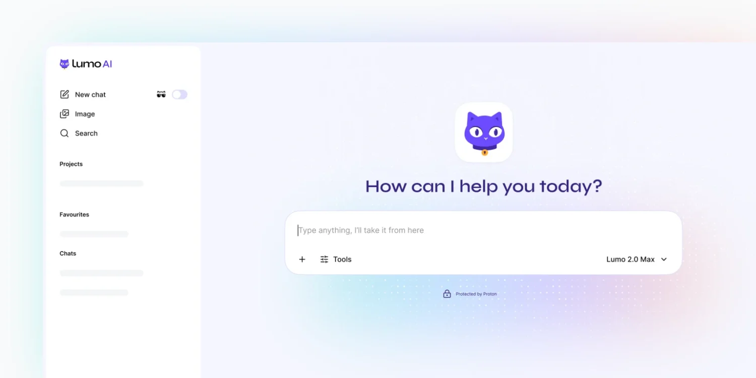 Screenshot van de Lumo AI-interface met een chatbalk, een tekstinvoervak, een gedeelte ‘Tools’ en de vraag “Hoe kan ik u vandaag van dienst zijn?” op een lichte achtergrond.