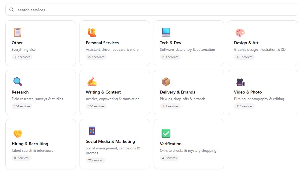 Screenshot van een dienstenmarktplaats met 12 categorieën, waaronder Tech & Ontwikkeling, Ontwerp & Kunst, Onderzoek, Schrijven & Content, Bezorging & Boodschappen en andere, elk met pictogrammen en het aantal aangeboden diensten.