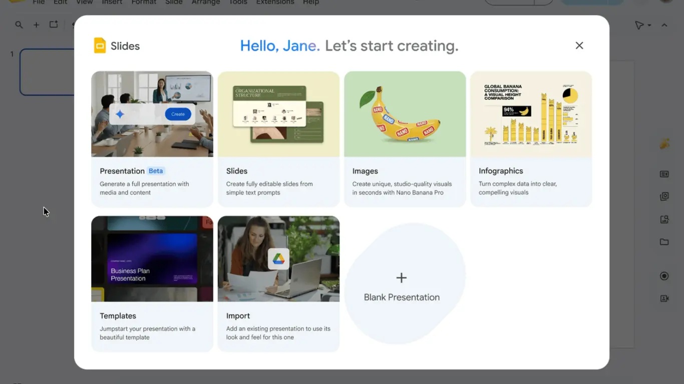 Het startscherm van Google Slides toont opties voor het maken van presentaties, waaronder sjablonen, het importeren van bestanden, afbeeldingen, infographics en een lege Google Slides-presentatie. Bovenaan verschijnt een navigatiemenu.